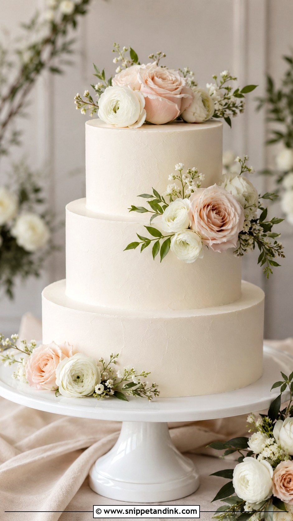 White Wedding Cake With Fresh Flowers - Snippet and Ink - 20 Elegant Wedding Cake Designs