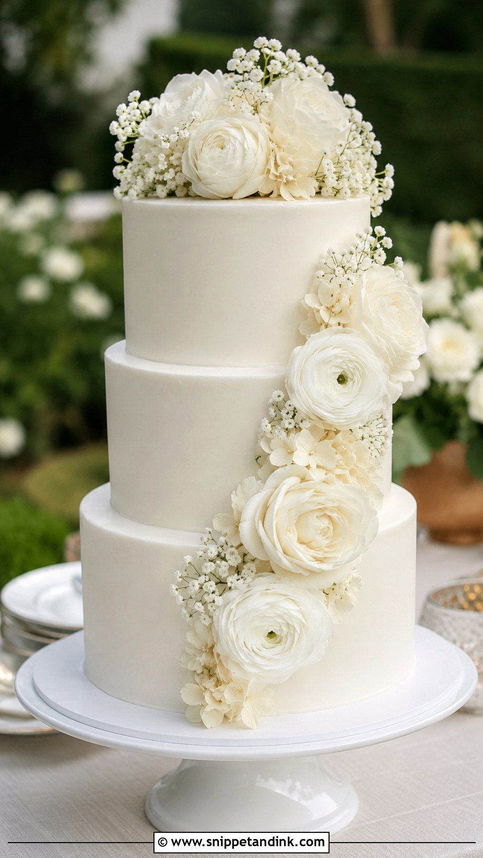 White Wedding Cake With Fresh Flowers - Snippet and Ink - 20 Minimal White Wedding Cake Ideas