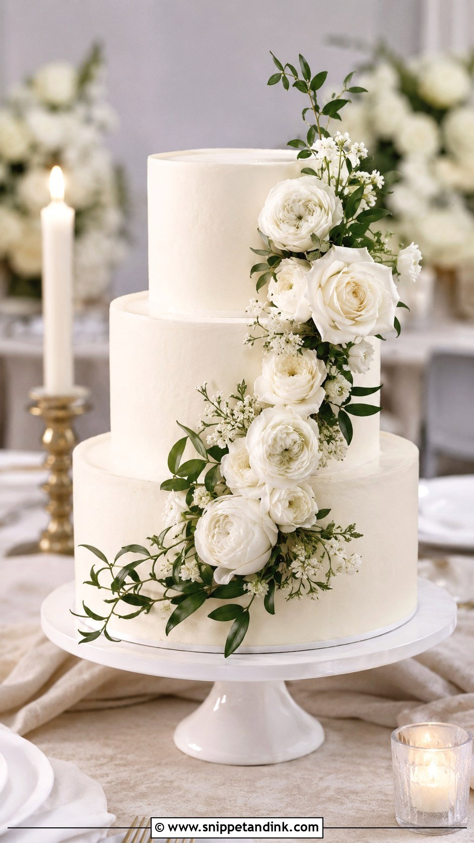 White Wedding Cake With Fresh Flowers - Snippet and Ink - 20 Sophisticated Wedding Cake Ideas