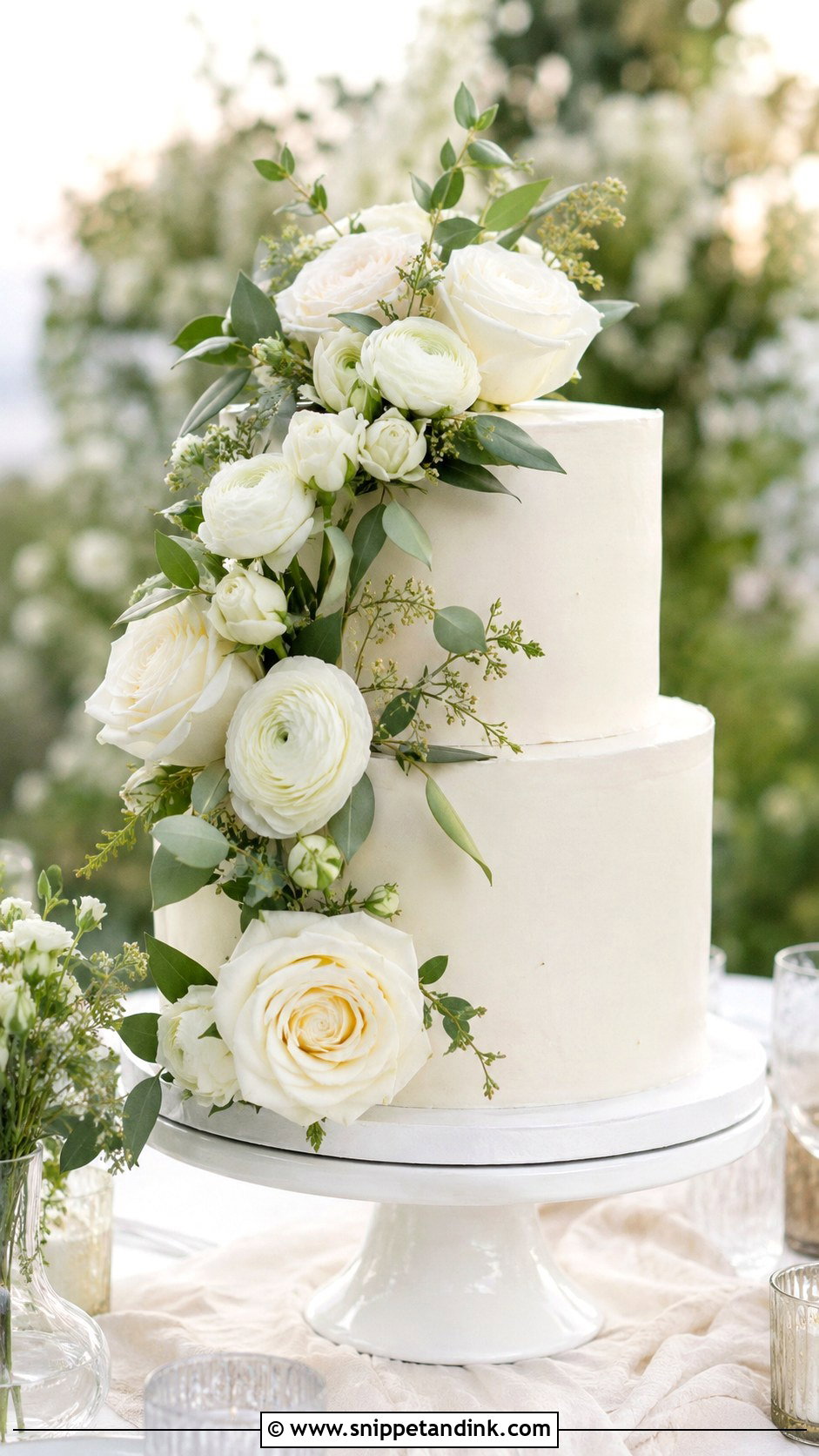 White Wedding Cake With Fresh Flowers - Snippet and Ink - 20 White Wedding Cake and Cupcakes Ideas
