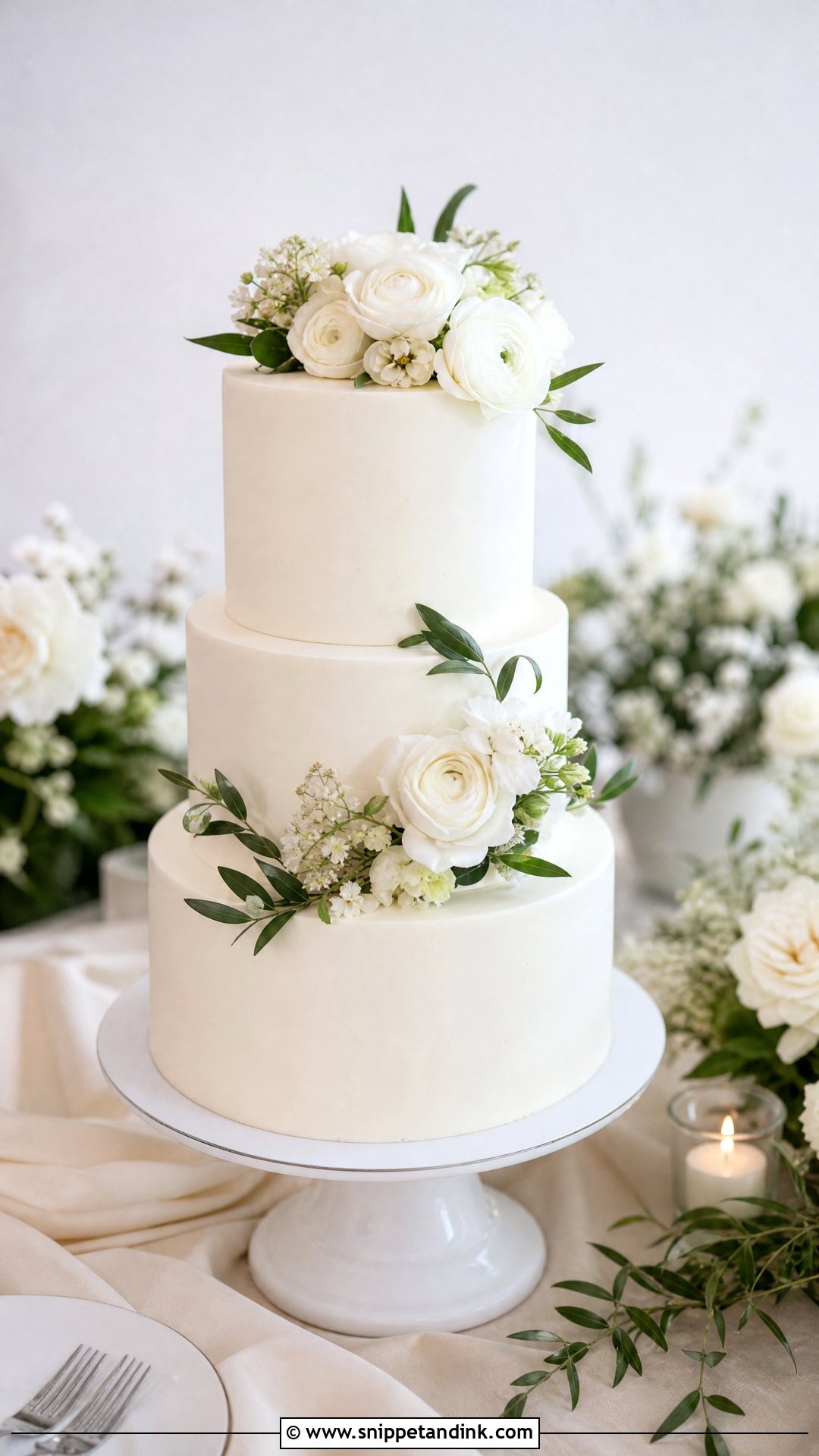 White Wedding Cake With Fresh Flowers - Snippet and Ink - 35 Wedding Cake Designs
