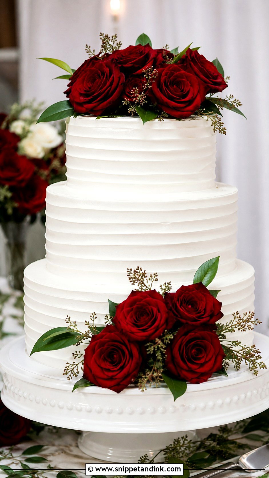 White Wedding Cake With Fresh Red Roses - Snippet and Ink - 30 White Wedding Cake Ideas with Red Roses