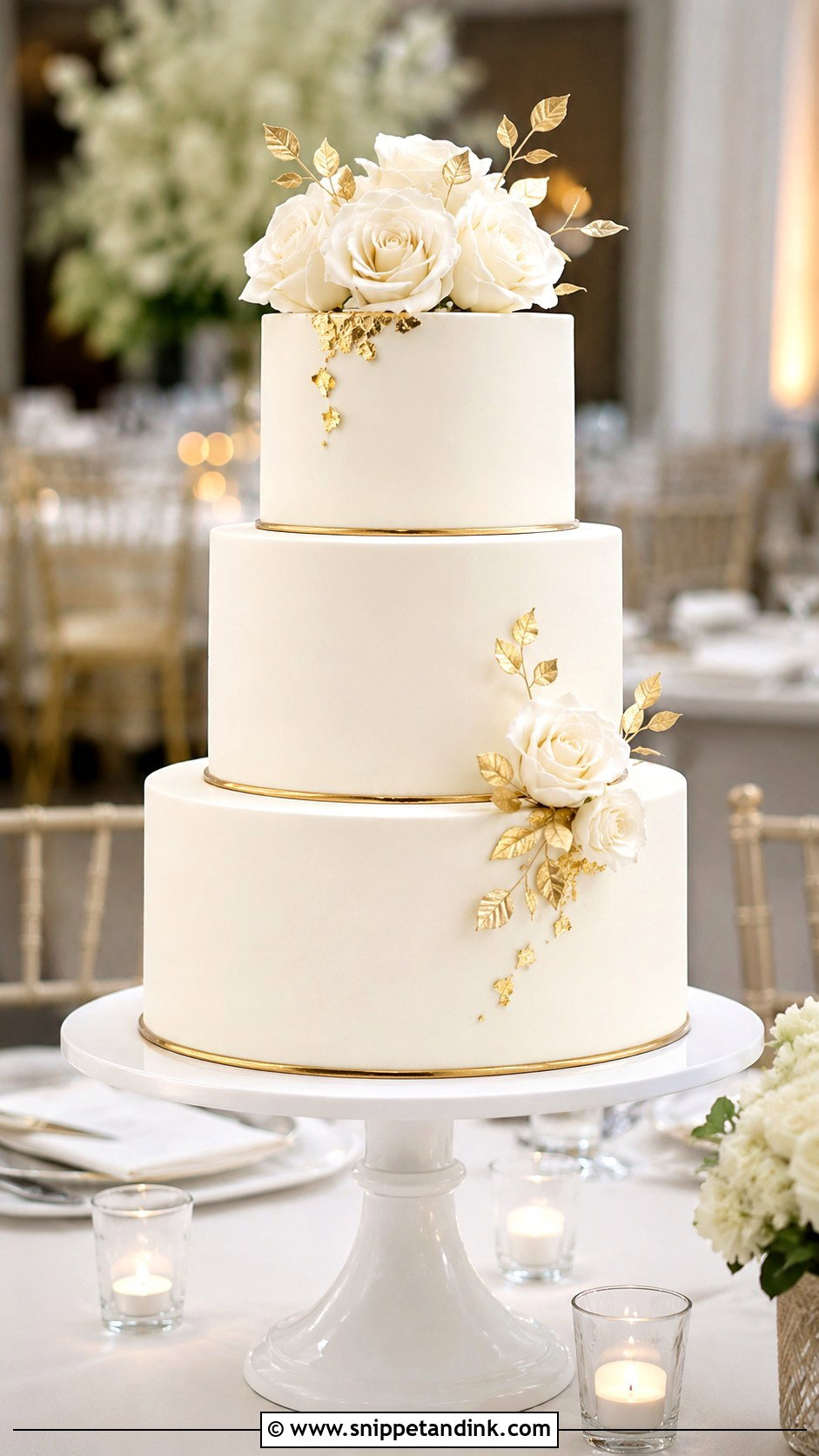 White Wedding Cake With Gold Accent - Snippet and Ink - 20 White Wedding Cake and Cupcakes Ideas