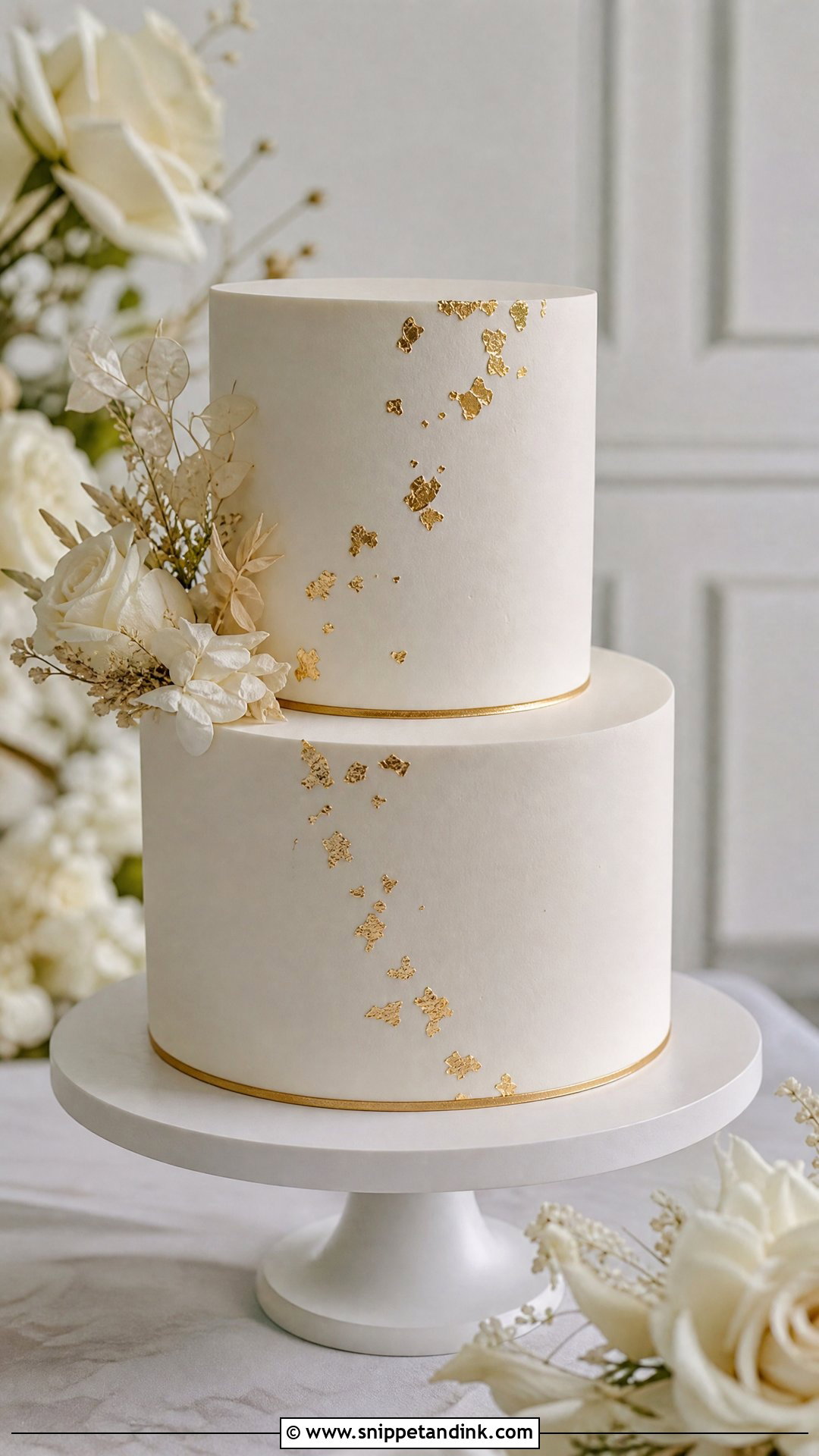 White Wedding Cake With Gold Accent - Snippet and Ink - 20 Simple White Wedding Cake Ideas