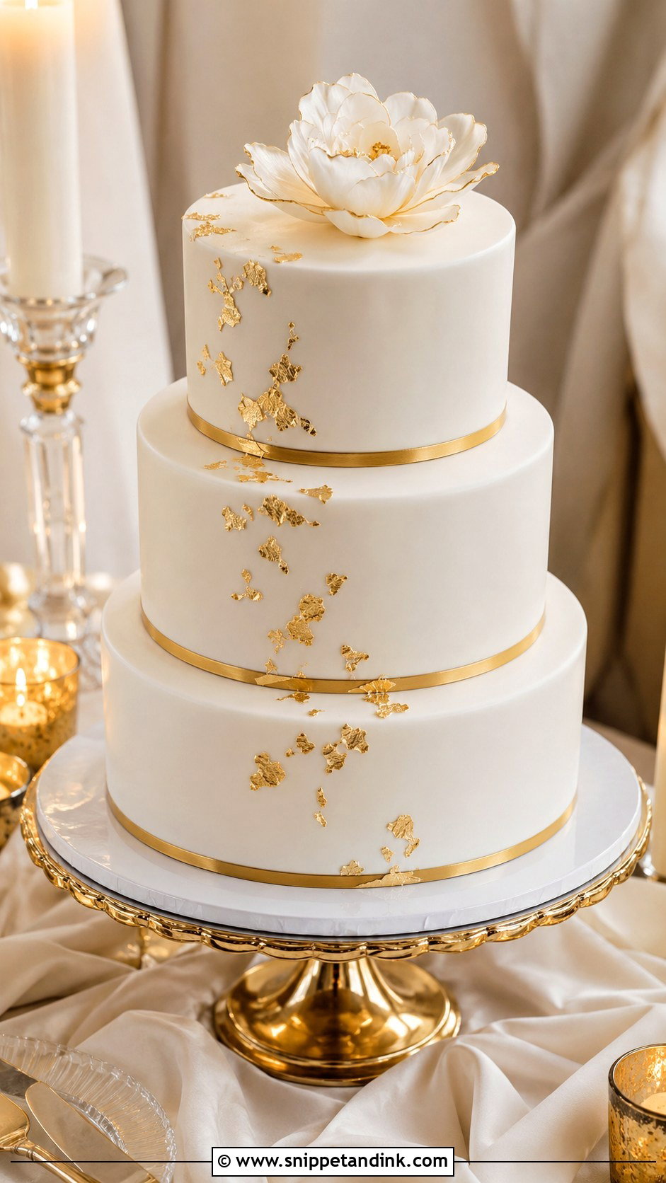 White Wedding Cake With Gold Detail - Snippet and Ink - 20 Minimal White Wedding Cake Ideas