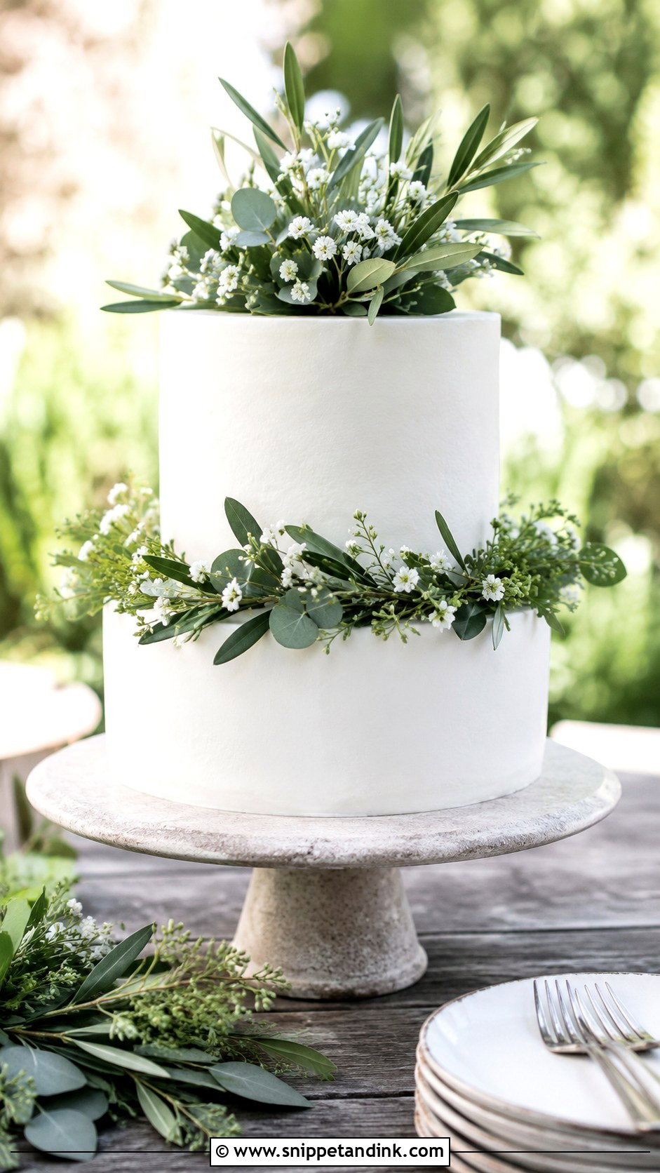 White Wedding Cake With Greenery - Snippet and Ink - 20 Simple Wedding Cake Decor Ideas