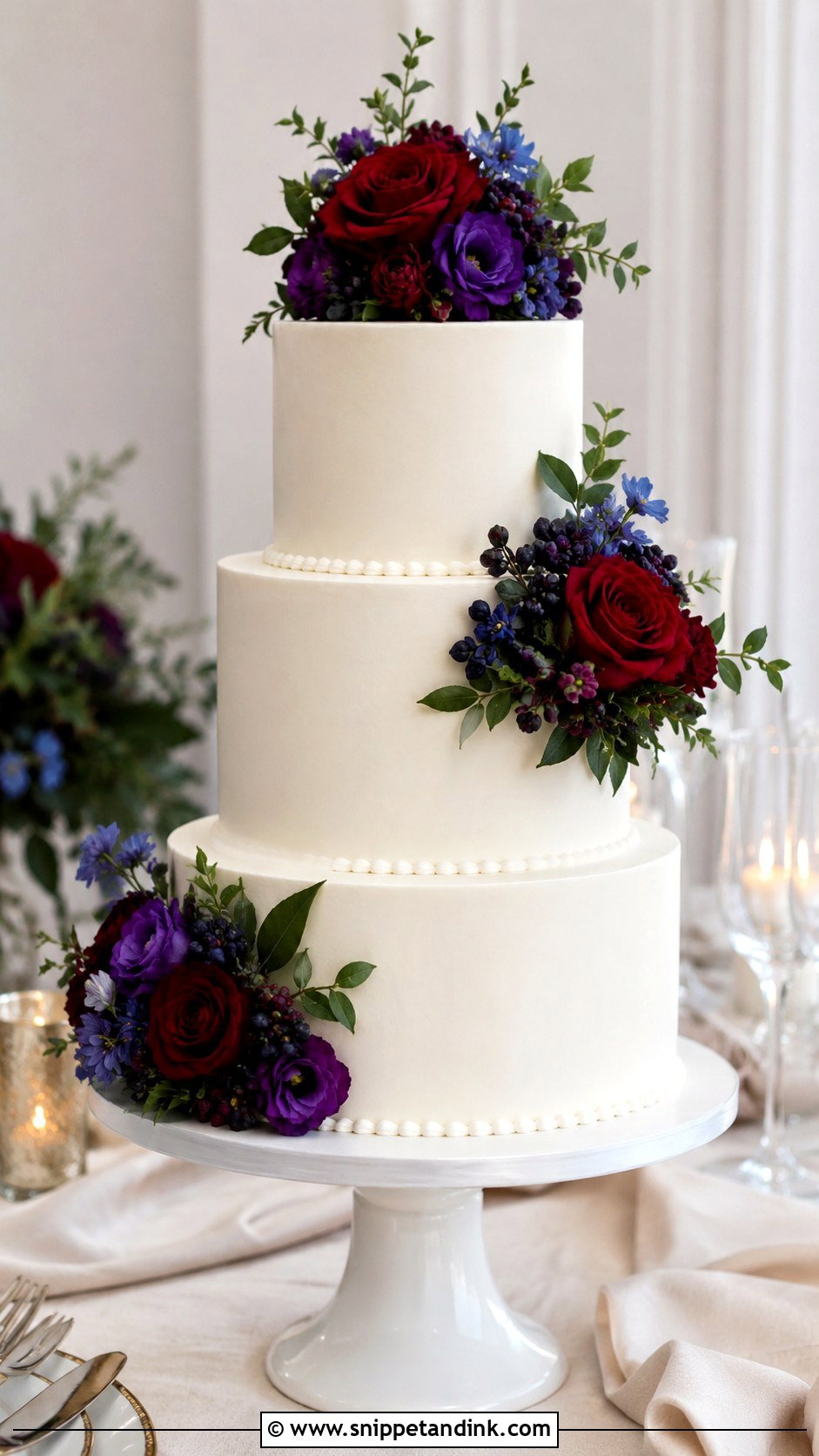 White Wedding Cake With Jewel Tone Flowers - Snippet and Ink - 20 Jewel Tone Wedding Cake Ideas