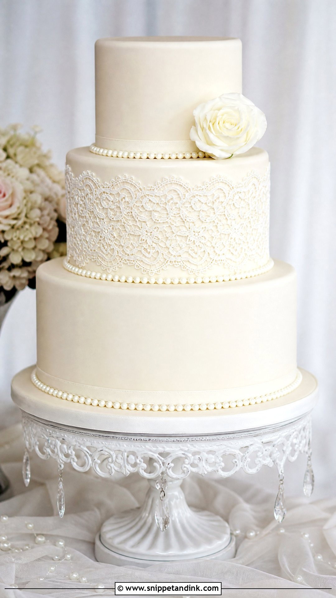 White Wedding Cake With Lace - Snippet and Ink - 20 Simple White Wedding Cake Ideas