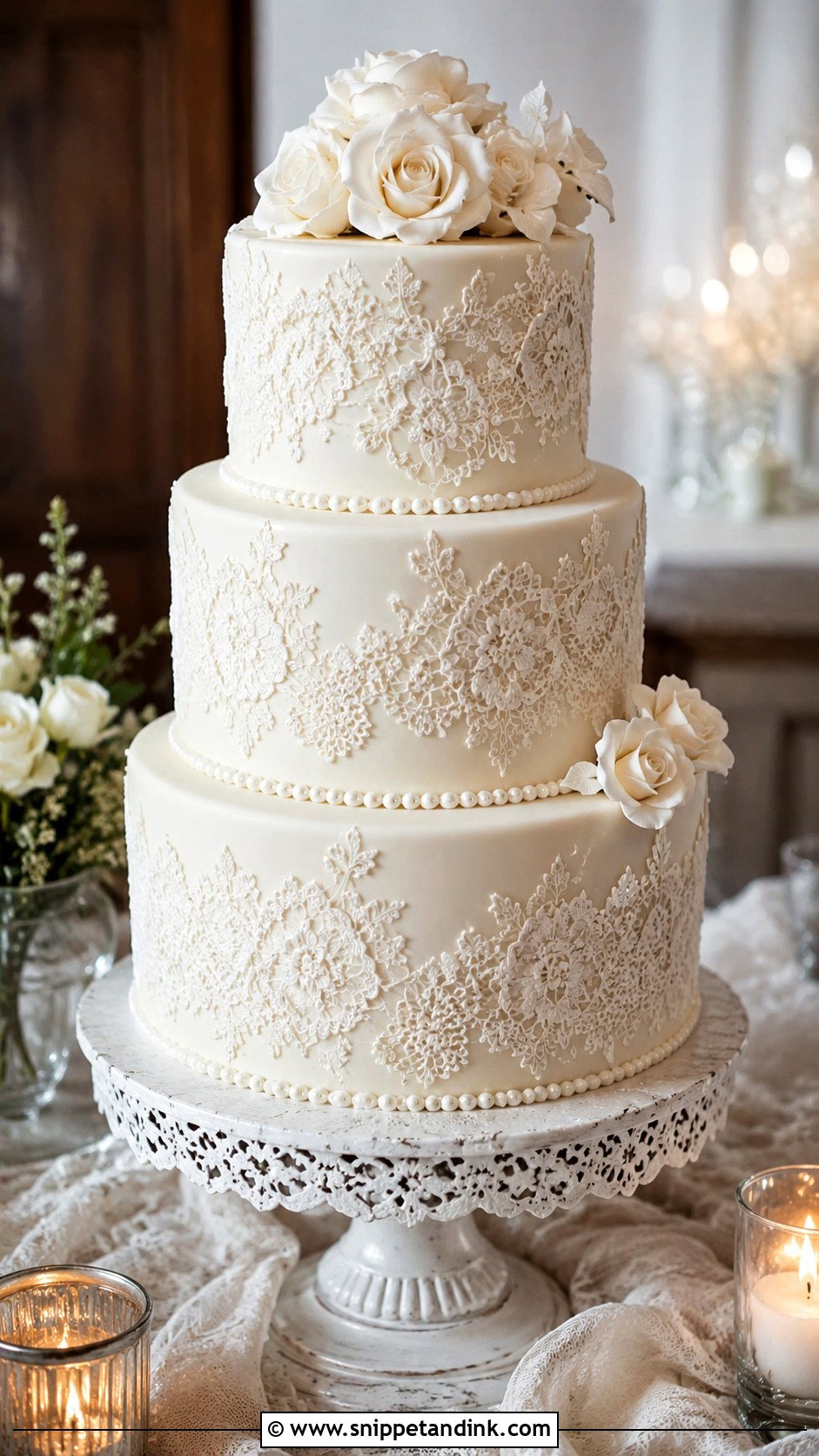 White Wedding Cake With Lace - Snippet and Ink - 20 White Wedding Cake and Cupcakes Ideas