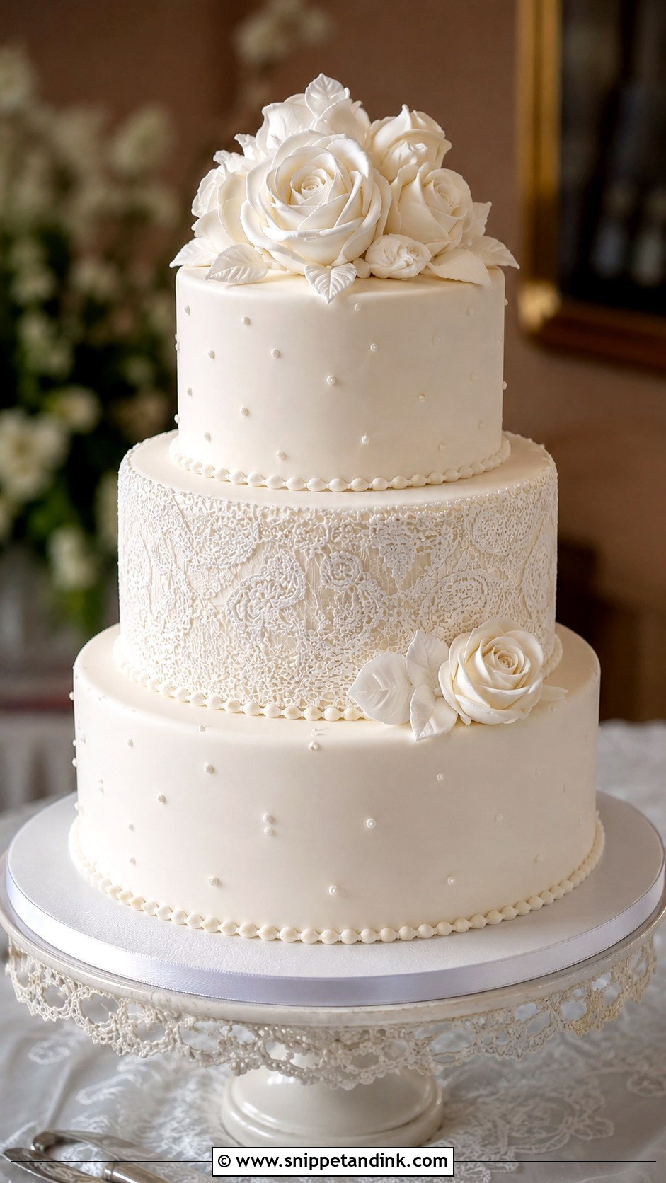 White Wedding Cake With Lace - Snippet and Ink - 20 Plain White Wedding Cake Ideas