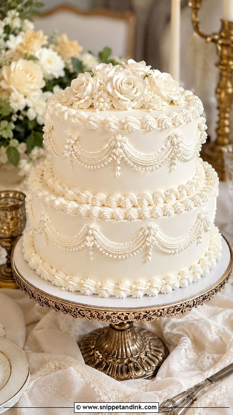 White Wedding Cake With Lambeth Piping - Snippet and Ink - 20 White Wedding Cake and Cupcakes Ideas