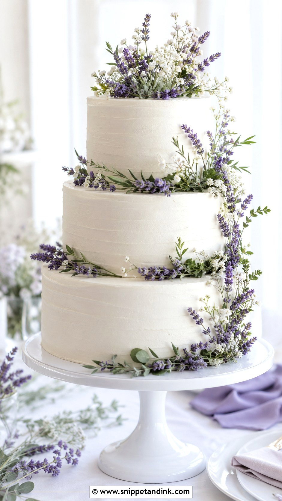 White Wedding Cake With Lavender Wildflowers - Snippet and Ink - 20 White Wedding Cake Ideas with Wildflowers