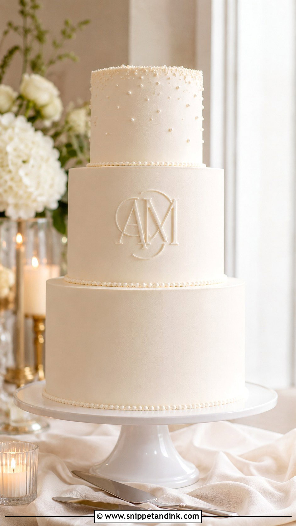 White Wedding Cake With Monogram - Snippet and Ink - 20 Minimal White Wedding Cake Ideas