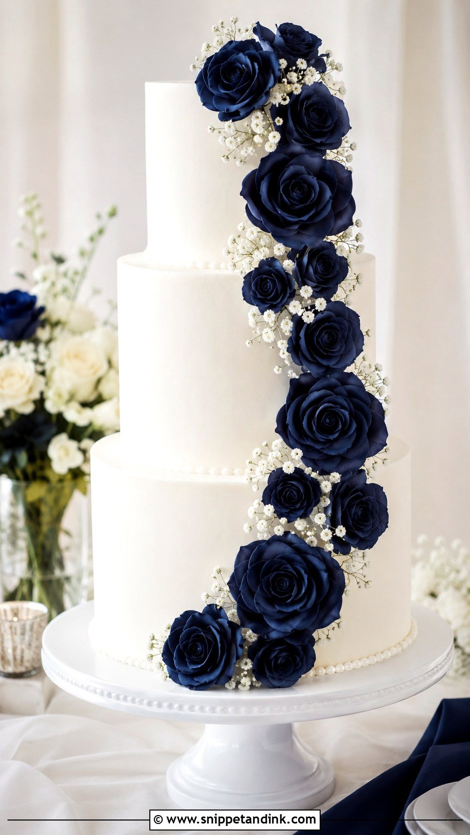 White Wedding Cake With Navy Blue Flowers - Snippet and Ink - 20 Dark Blue and White Cake Ideas for Wedding