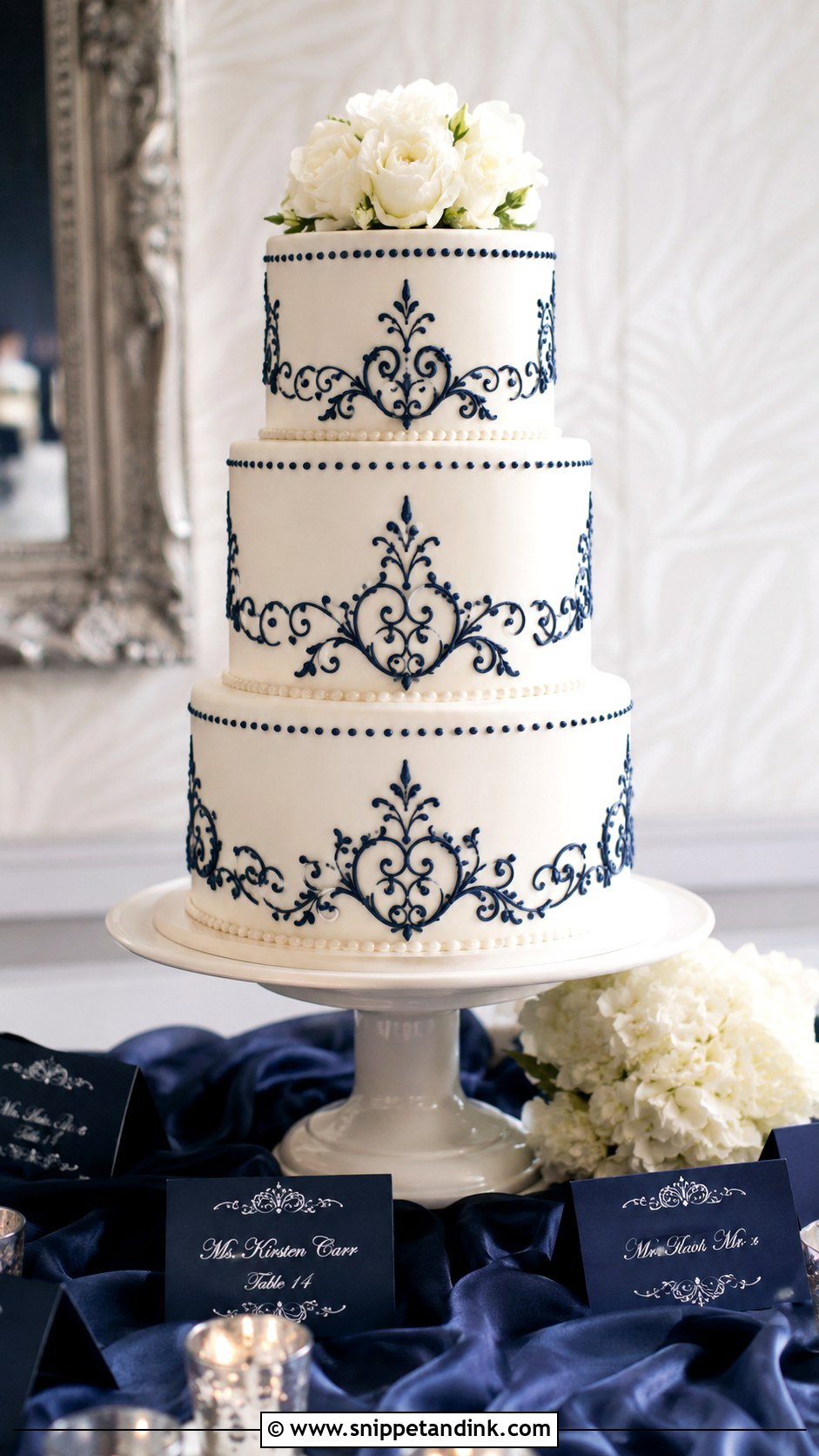 White Wedding Cake With Navy Blue Piping - Snippet and Ink - 20 Dark Blue and White Cake Ideas for Wedding