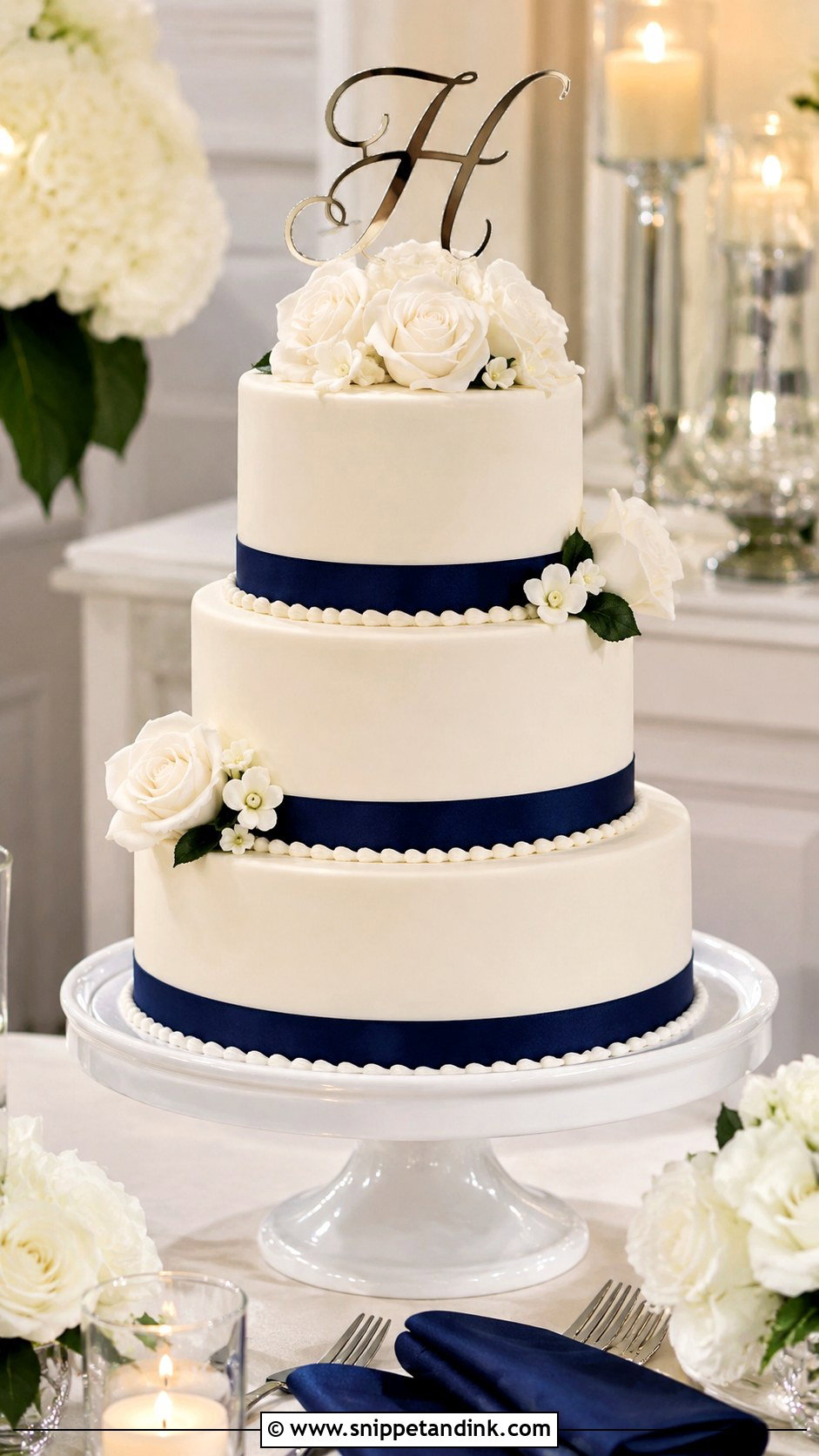 White Wedding Cake With Navy Blue Ribbon - Snippet and Ink - 20 Dark Blue and White Cake Ideas for Wedding