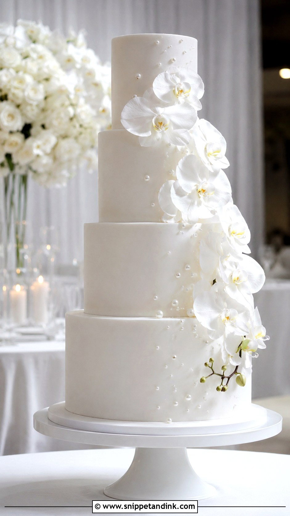 White Wedding Cake With Orchids - Snippet and Ink - 20 Minimal White Wedding Cake Ideas