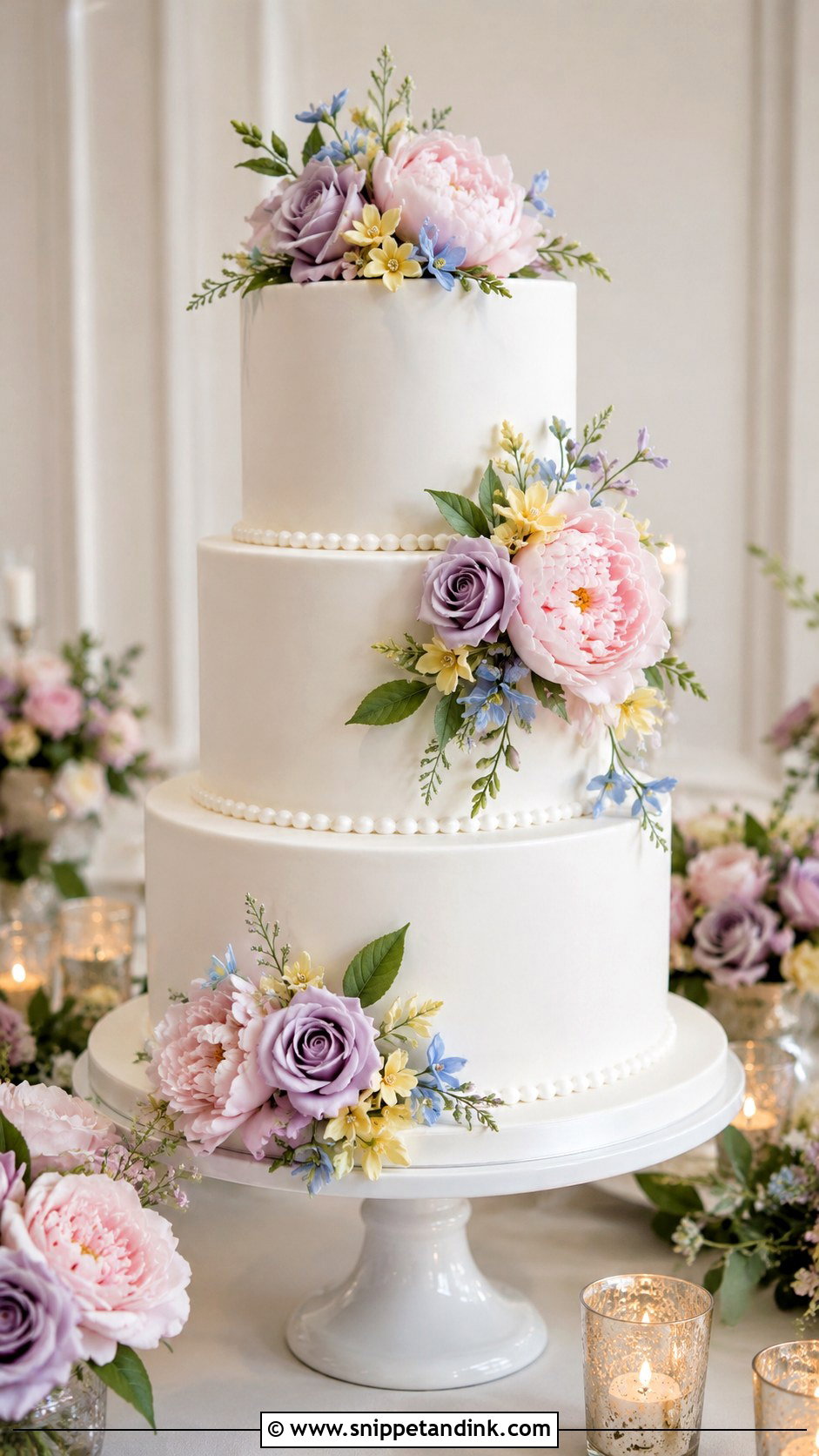 White Wedding Cake With Pastel Flowers - Snippet and Ink - 20 Wedding Cake Ideas with Pastel Flowers