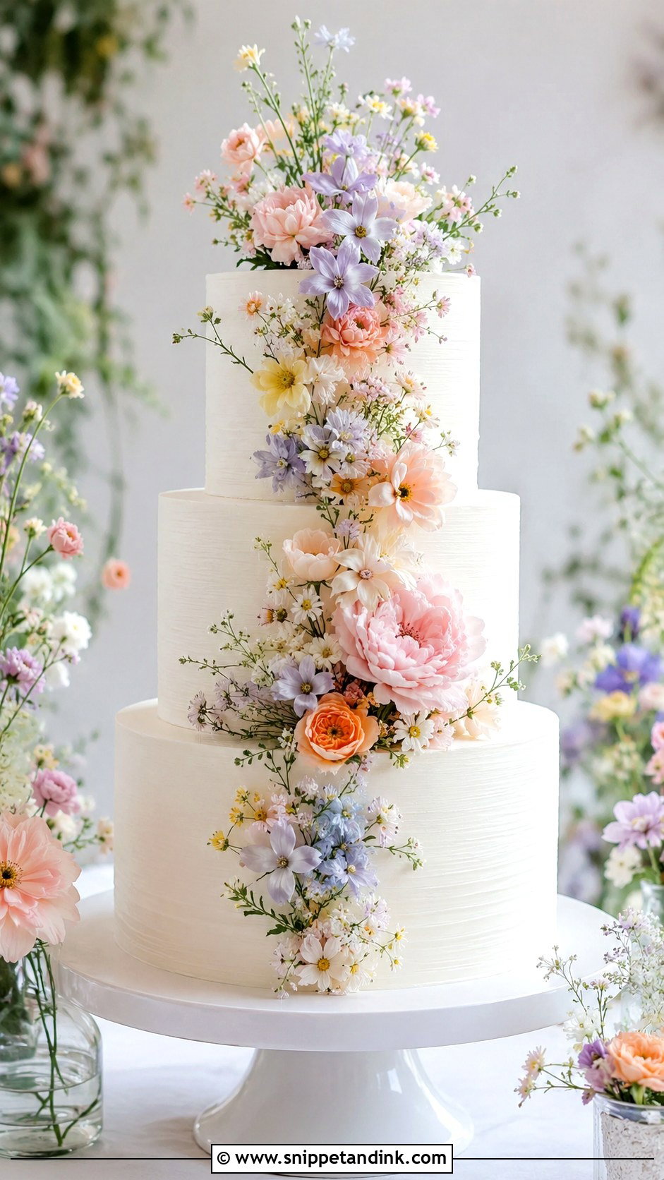 White Wedding Cake With Pastel Wildflowers - Snippet and Ink - 20 White Wedding Cake Ideas with Wildflowers