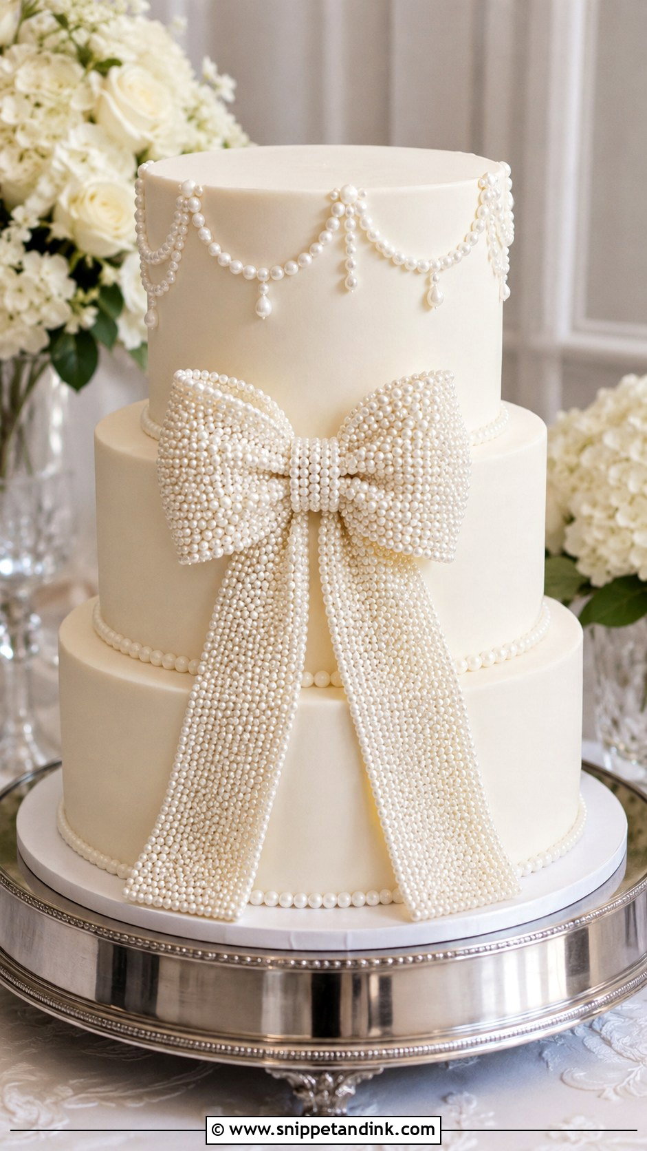 White Wedding Cake With Pearl Bow - Snippet and Ink - 25 White Wedding Cake Ideas with Bow