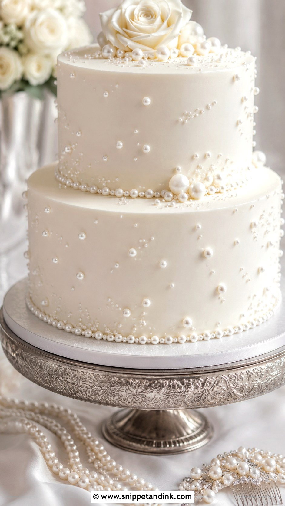 White Wedding Cake With Pearls - Snippet and Ink - 25 Simple But Elegant Wedding Cakes