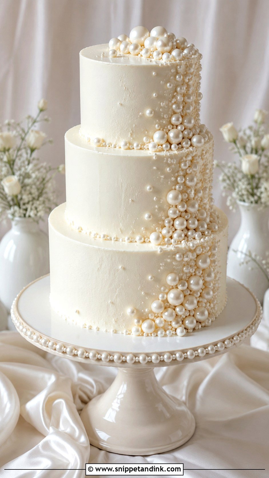 White Wedding Cake With Pearls - Snippet and Ink - 20 Minimal White Wedding Cake Ideas