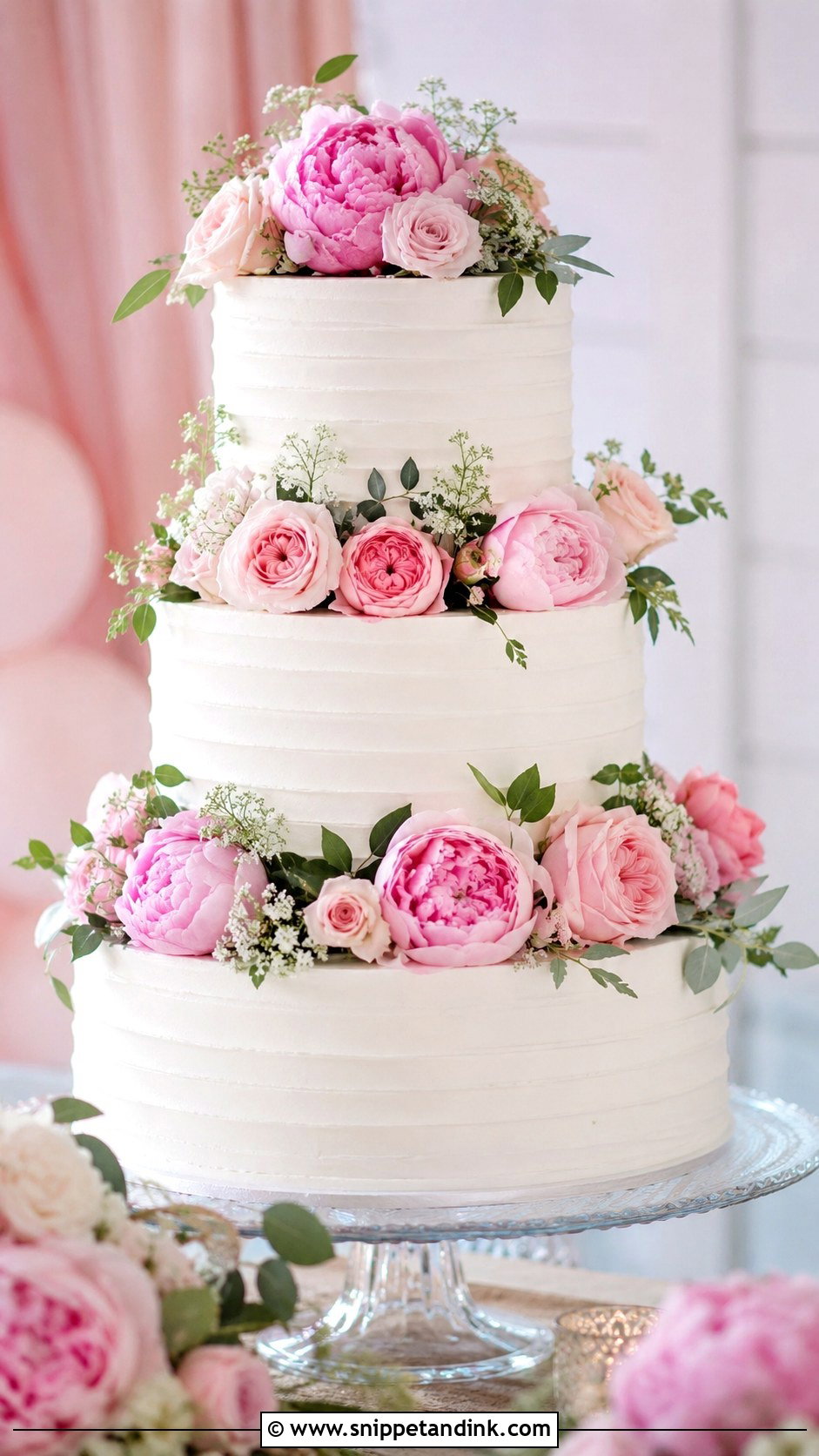 White Wedding Cake With Pink Flowers - Snippet and Ink - 20 Wedding Cake Ideas with Pink Accents