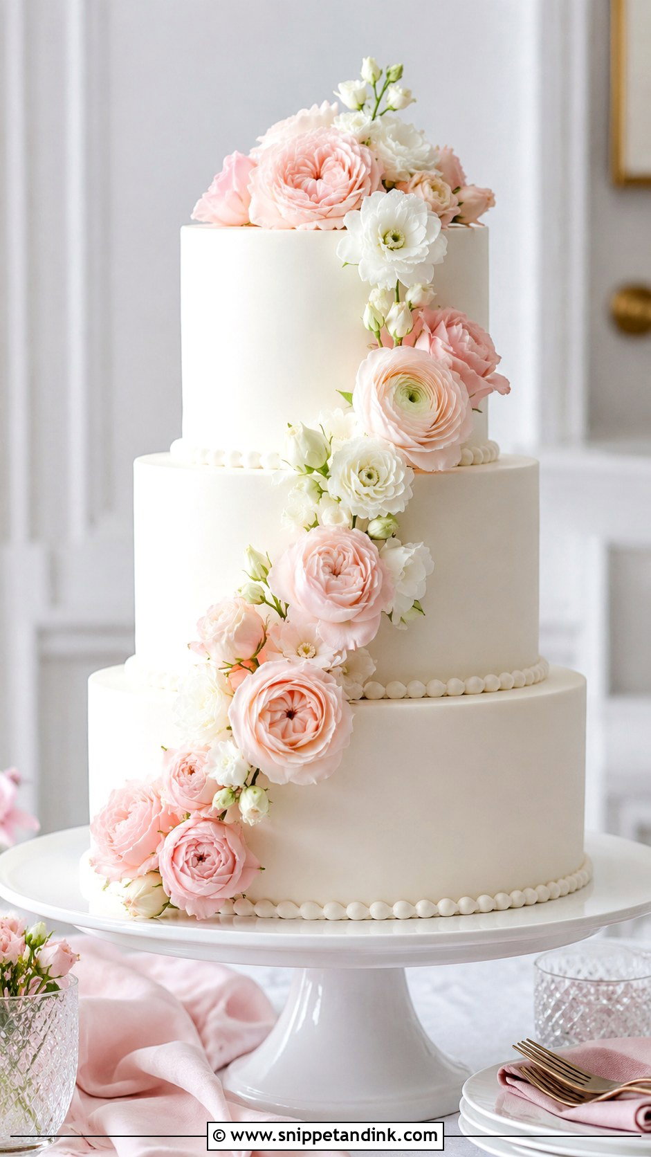 White Wedding Cake With Pink Flowers - Snippet and Ink - 20 Pink and White Wedding Cakes