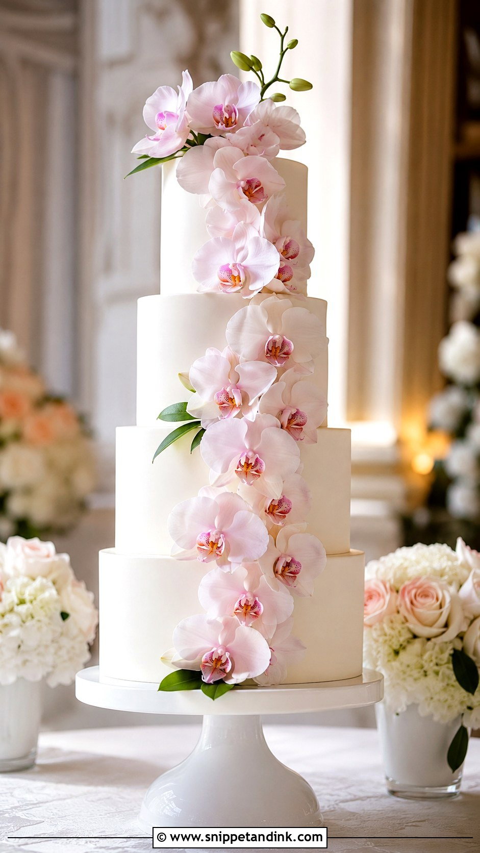 White Wedding Cake With Pink Orchids - Snippet and Ink - 35 Pink Orchid Wedding Cake Ideas