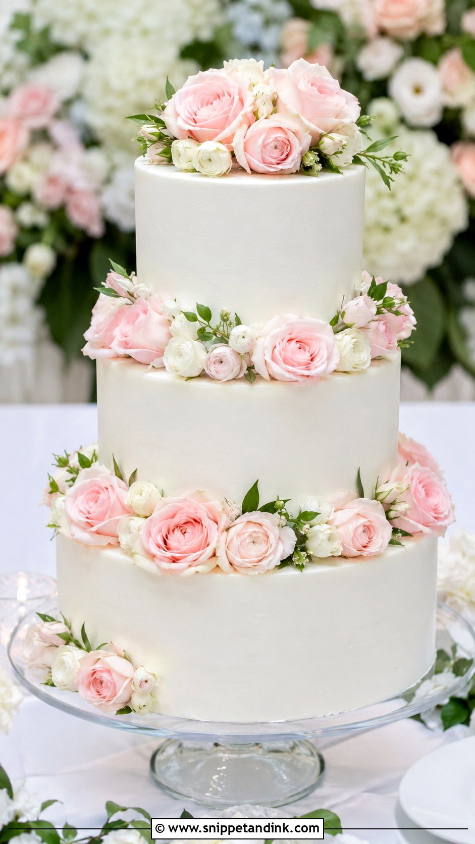 White Wedding Cake With Pink Roses - Snippet and Ink - 20 Pink Roses Cake Ideas for Wedding