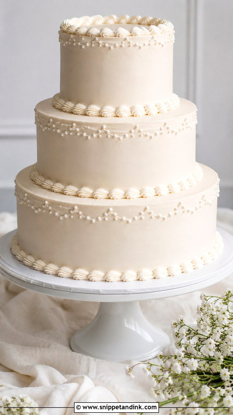 White Wedding Cake With Piped Border - Snippet and Ink - 20 Minimal White Wedding Cake Ideas