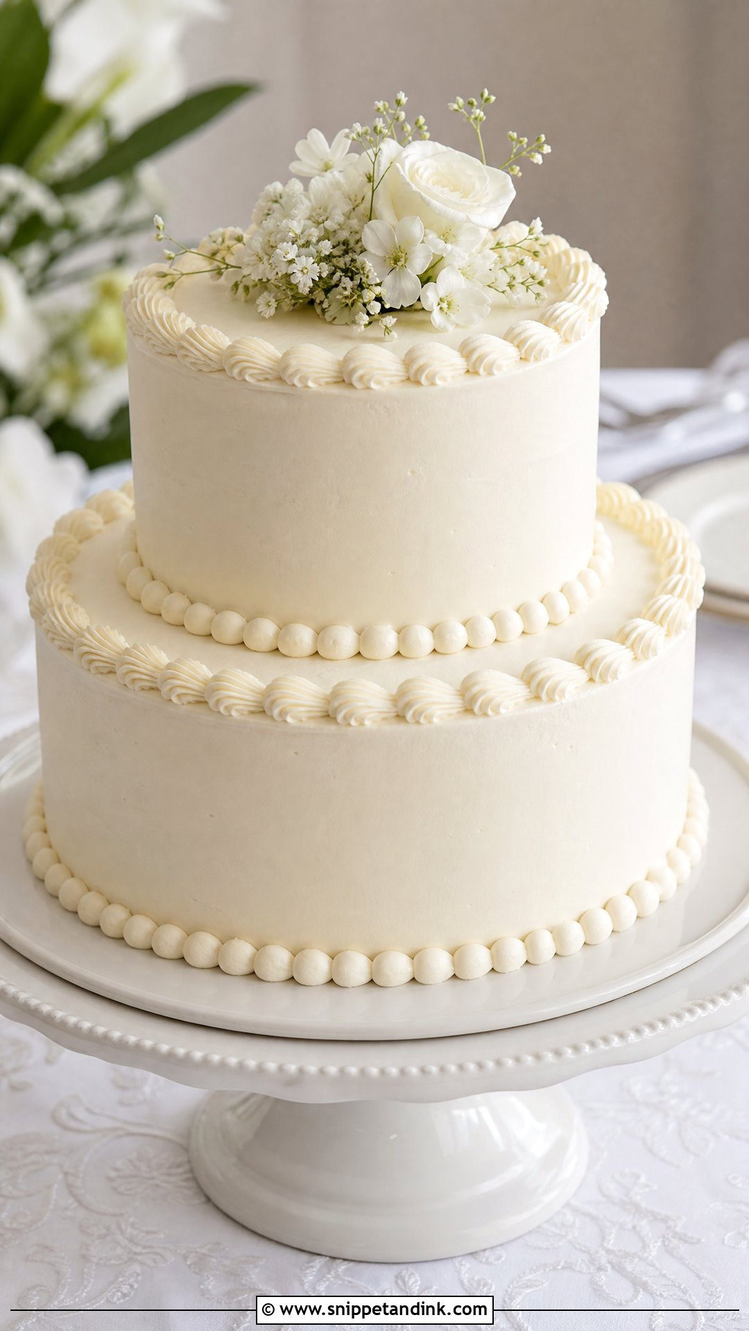 White Wedding Cake With Piped Borders - Snippet and Ink - 20 Simple White Wedding Cake Ideas