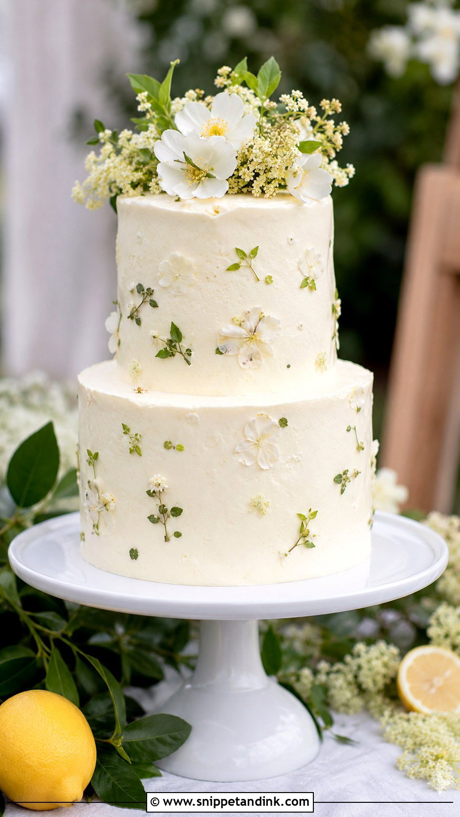 White Wedding Cake With Pressed Flowers - Snippet and Ink - 20 White Wedding Cake and Cupcakes Ideas