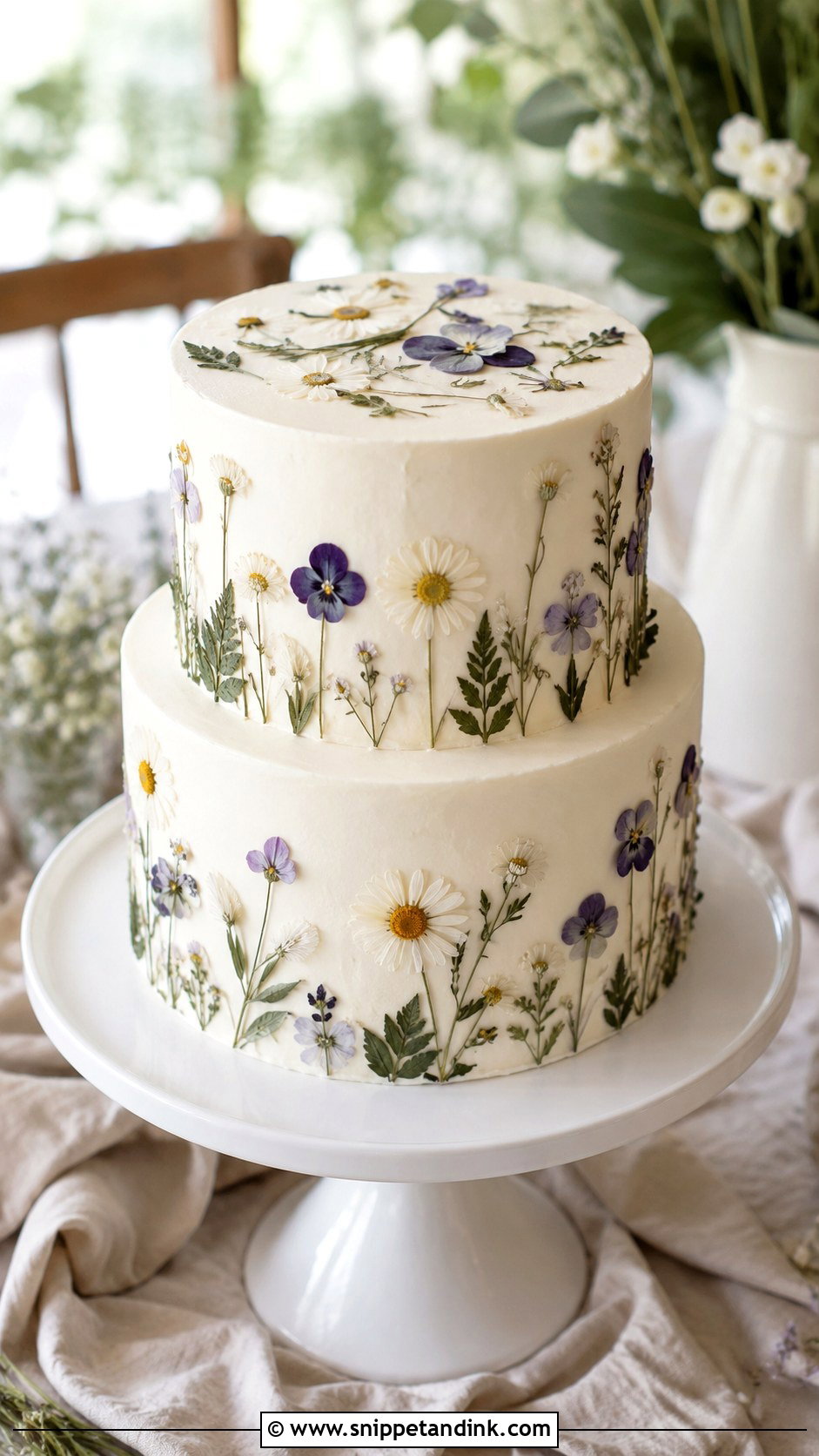 White Wedding Cake With Pressed Wildflowers - Snippet and Ink - 20 White Wedding Cake Ideas with Wildflowers