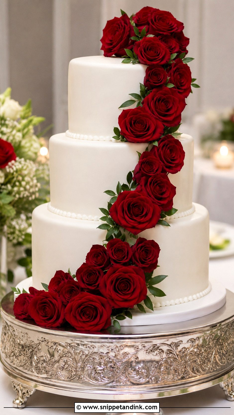 White Wedding Cake With Red Rose Cascade - Snippet and Ink - 30 White Wedding Cake Ideas with Red Roses