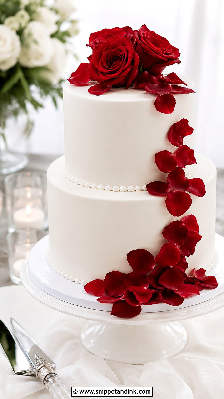 White Wedding Cake With Red Rose Petals - Snippet and Ink - 30 White Wedding Cake Ideas with Red Roses