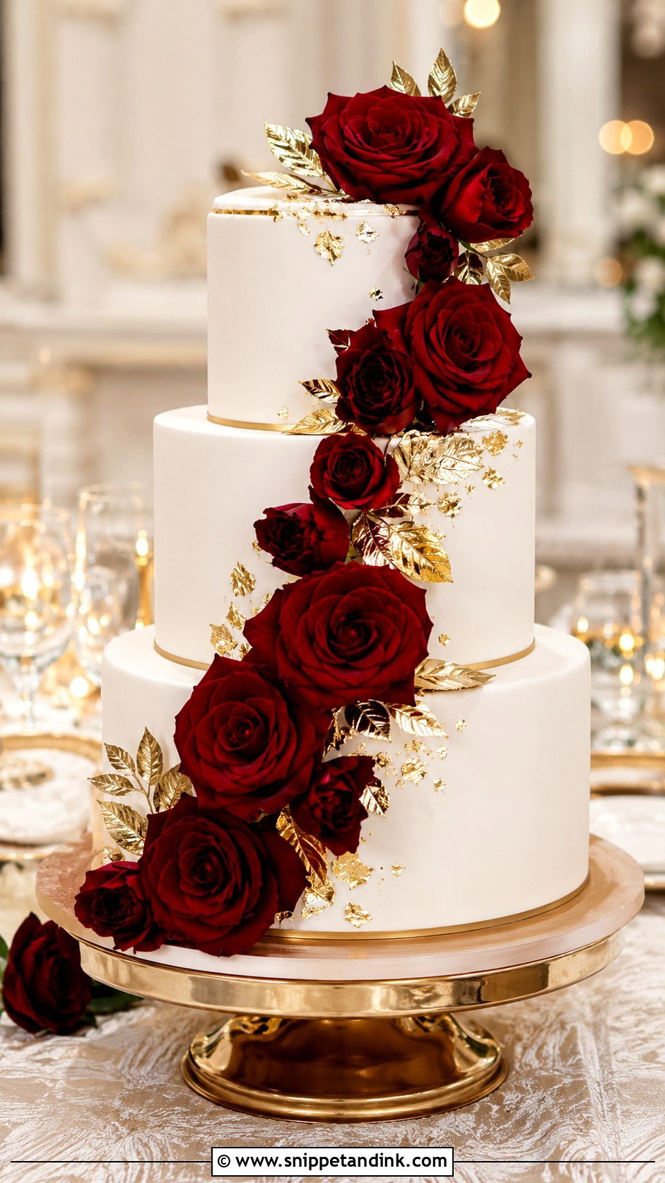 White Wedding Cake With Red Roses And Gold - Snippet and Ink - 30 White Wedding Cake Ideas with Red Roses