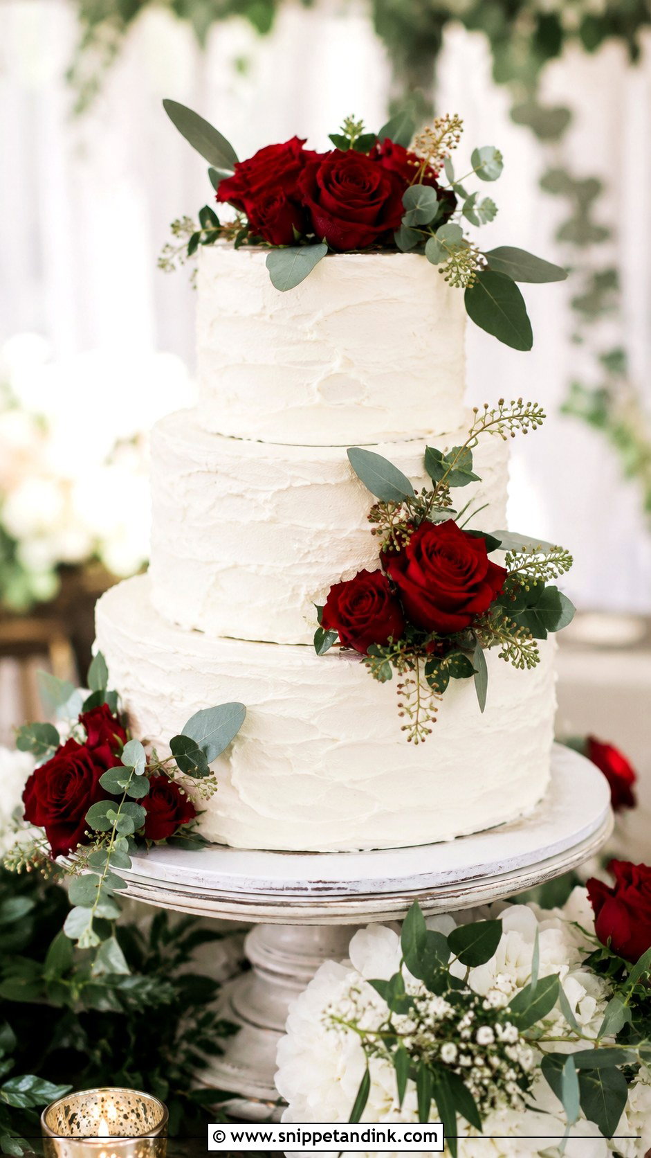 White Wedding Cake With Red Roses And Greenery - Snippet and Ink - 30 White Wedding Cake Ideas with Red Roses