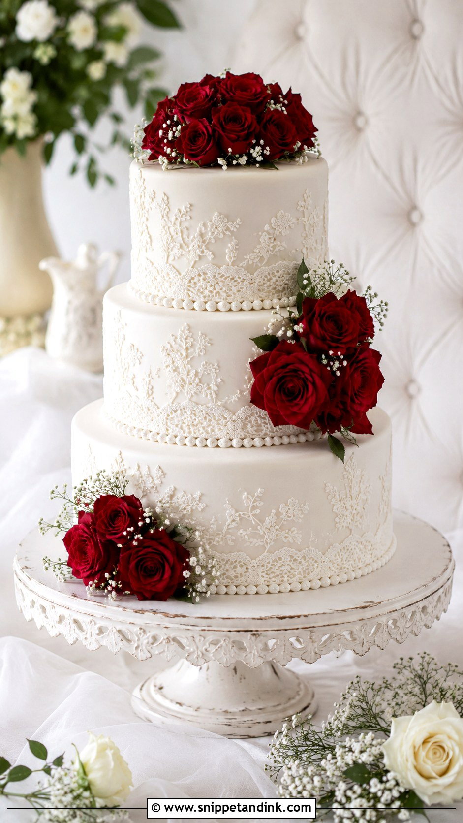 White Wedding Cake With Red Roses And Lace - Snippet and Ink - 30 White Wedding Cake Ideas with Red Roses
