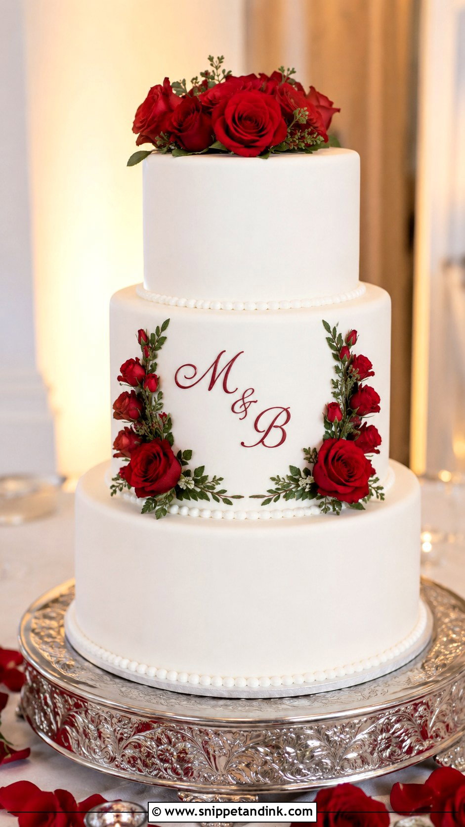 White Wedding Cake With Red Roses And Monogram - Snippet and Ink - 30 White Wedding Cake Ideas with Red Roses