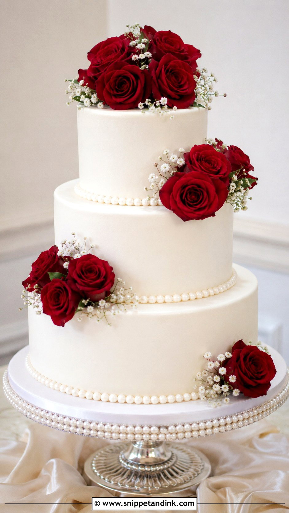 White Wedding Cake With Red Roses And Pearls - Snippet and Ink - 30 White Wedding Cake Ideas with Red Roses