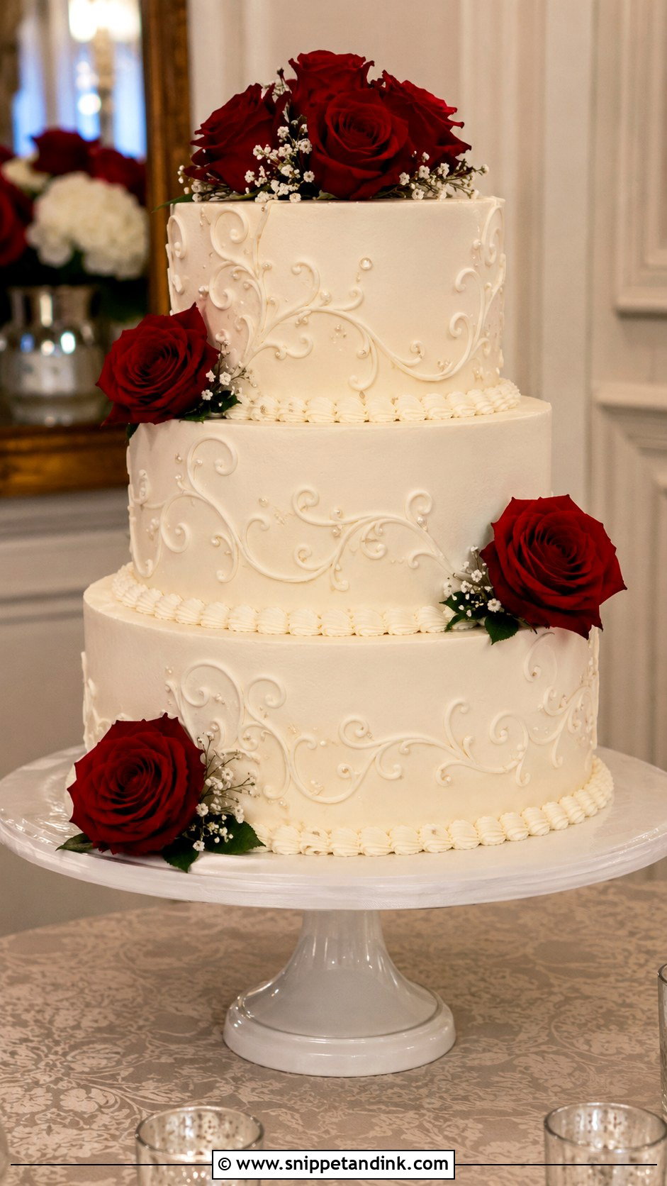 White Wedding Cake With Red Roses And Piping - Snippet and Ink - 30 White Wedding Cake Ideas with Red Roses