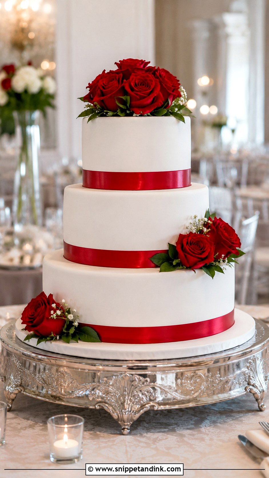 White Wedding Cake With Red Roses And Ribbon - Snippet and Ink - 30 White Wedding Cake Ideas with Red Roses