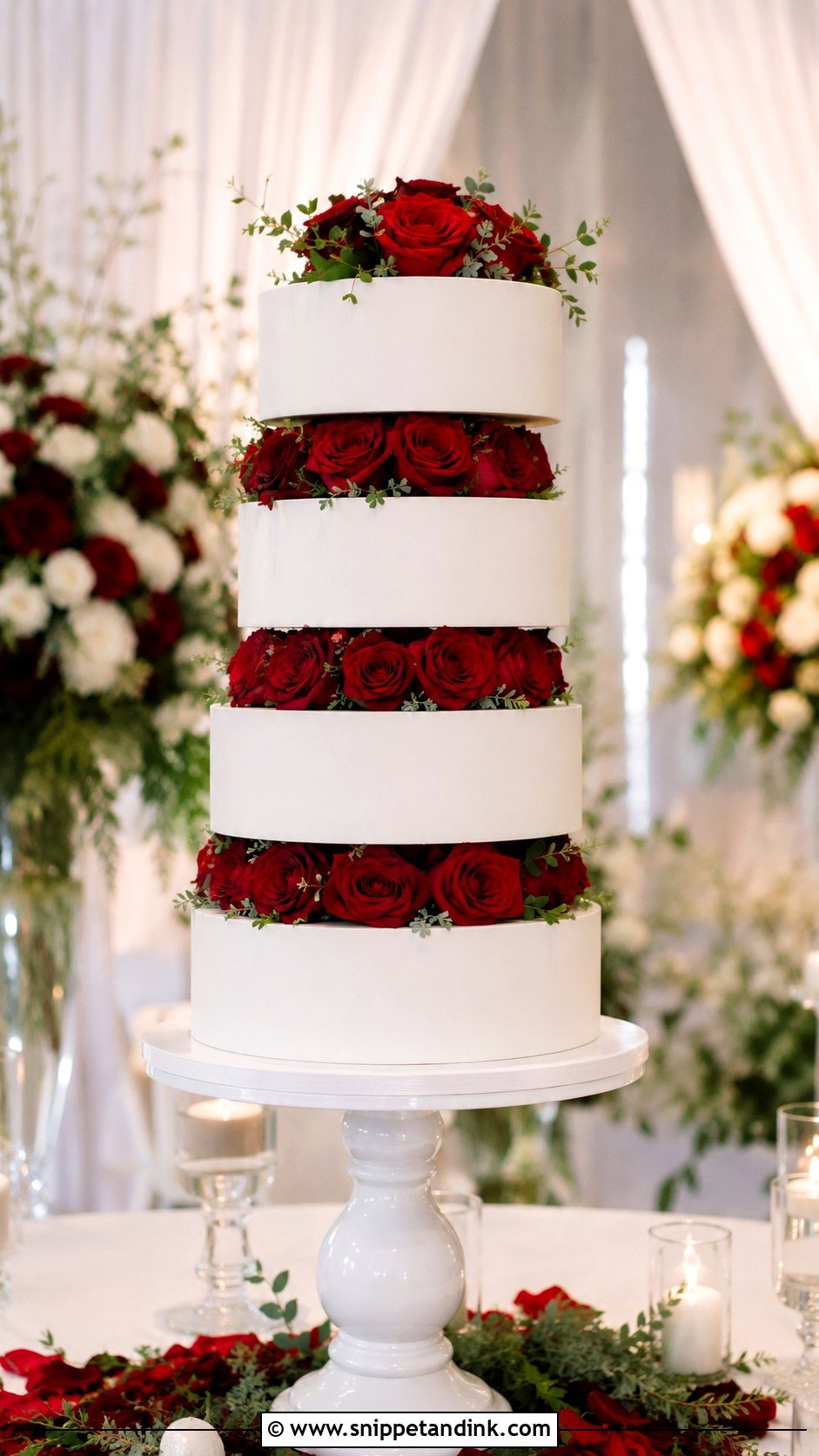 White Wedding Cake With Red Roses Between Tiers - Snippet and Ink - 30 White Wedding Cake Ideas with Red Roses