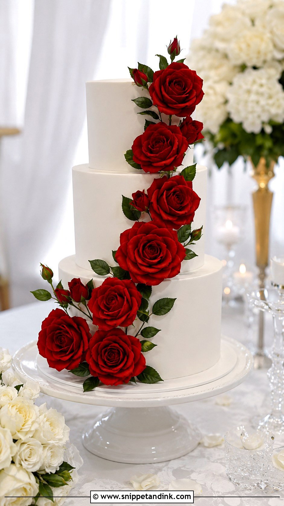 White Wedding Cake With Red Sugar Roses - Snippet and Ink - 30 White Wedding Cake Ideas with Red Roses