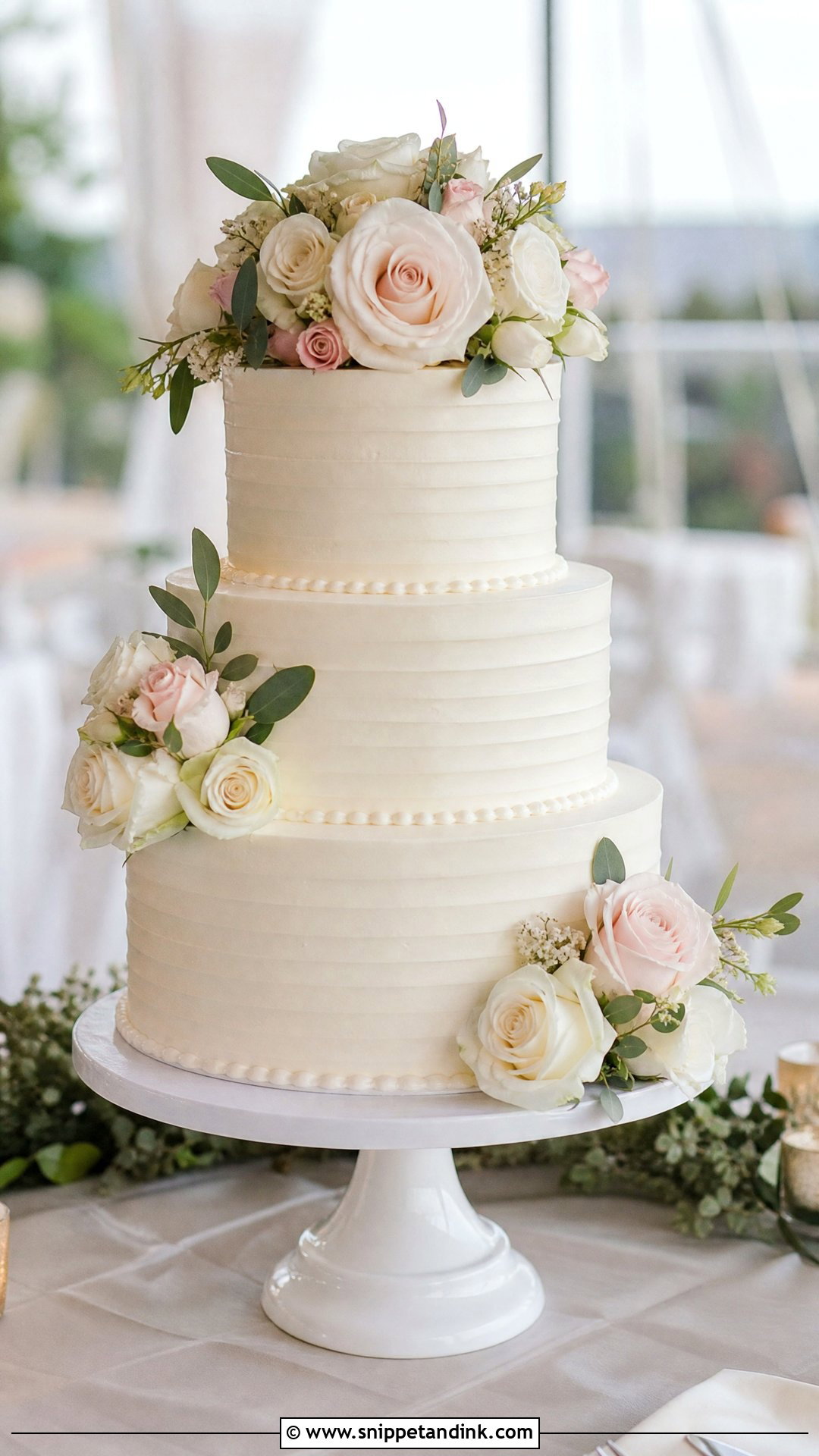 White Wedding Cake With Roses - Snippet and Ink - 25 Traditional Wedding Cake Ideas