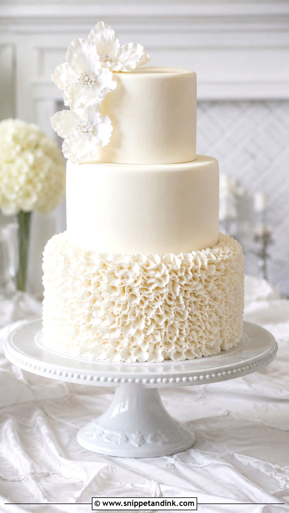 White Wedding Cake With Ruffles - Snippet and Ink - 20 Plain White Wedding Cake Ideas