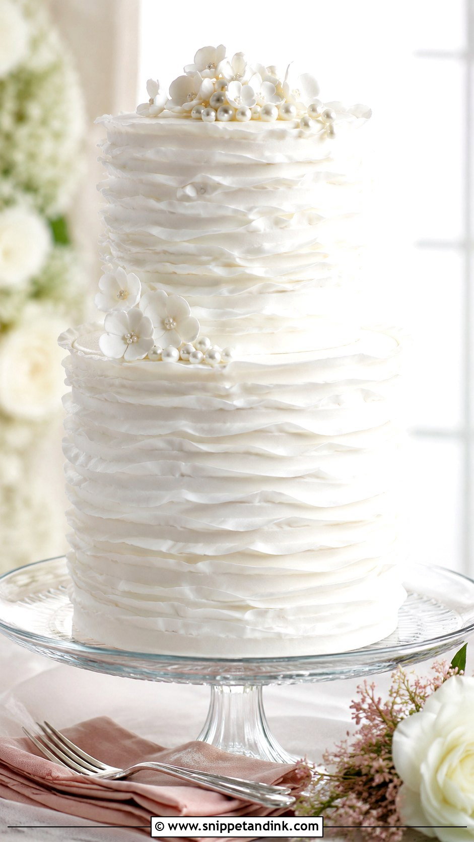 White Wedding Cake With Ruffles - Snippet and Ink - 20 White Wedding Cake and Cupcakes Ideas