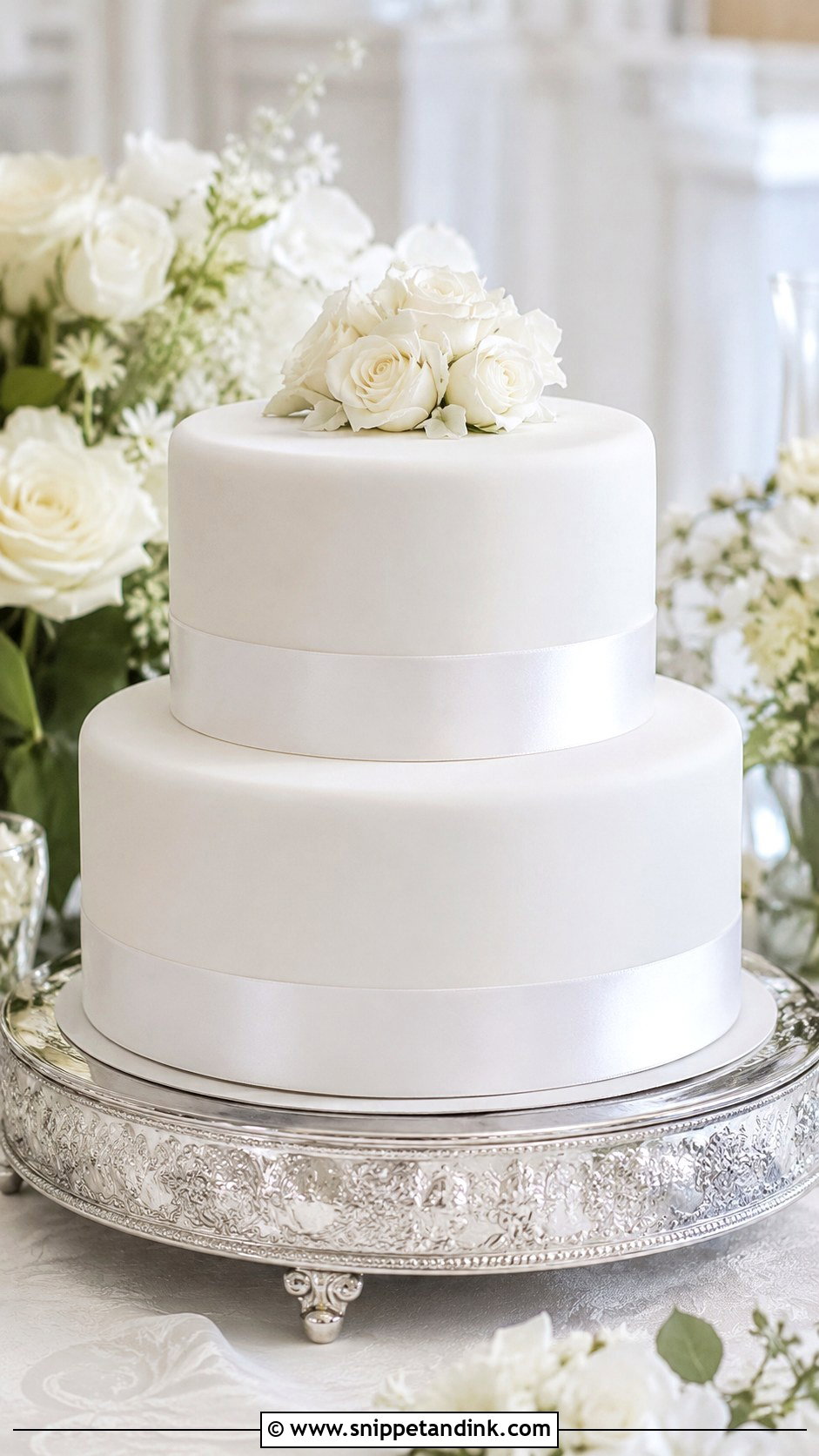 White Wedding Cake With Satin Ribbon - Snippet and Ink - 20 Plain White Wedding Cake Ideas