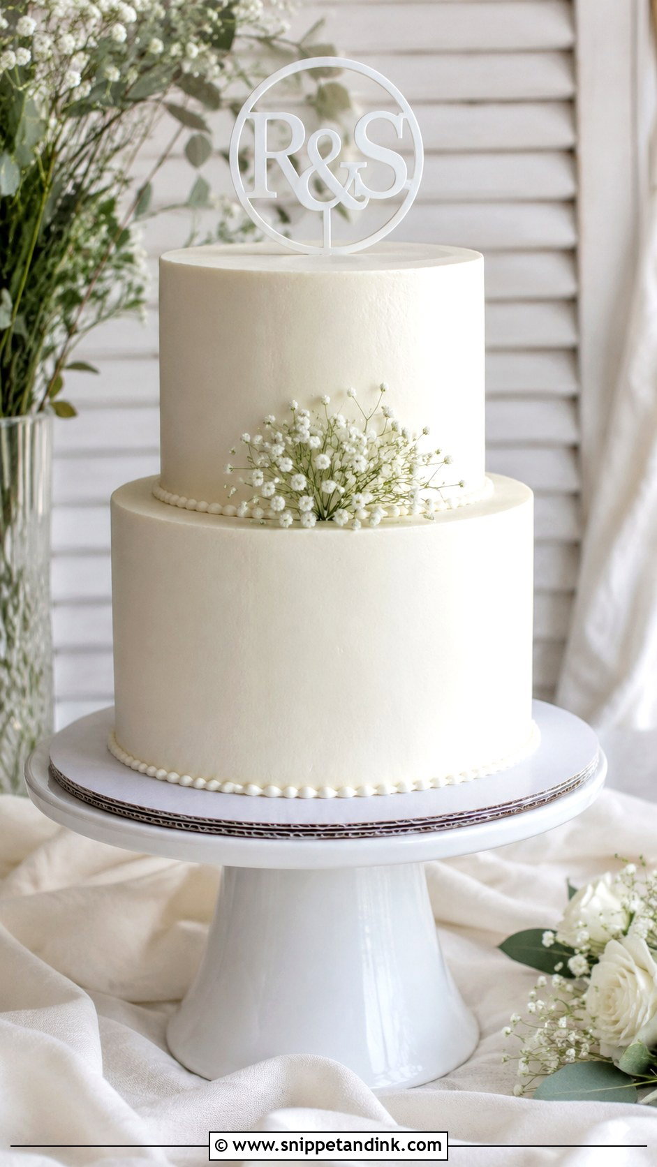 White Wedding Cake With Simple Topper - Snippet and Ink - 20 Plain White Wedding Cake Ideas